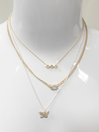 3 STRAND, DIAMOND CRYSTAL BAR, MOONSTONE CRYSTAL GOLD EMERALD PLATE, GOLD BUTTERFLY NECKLACE