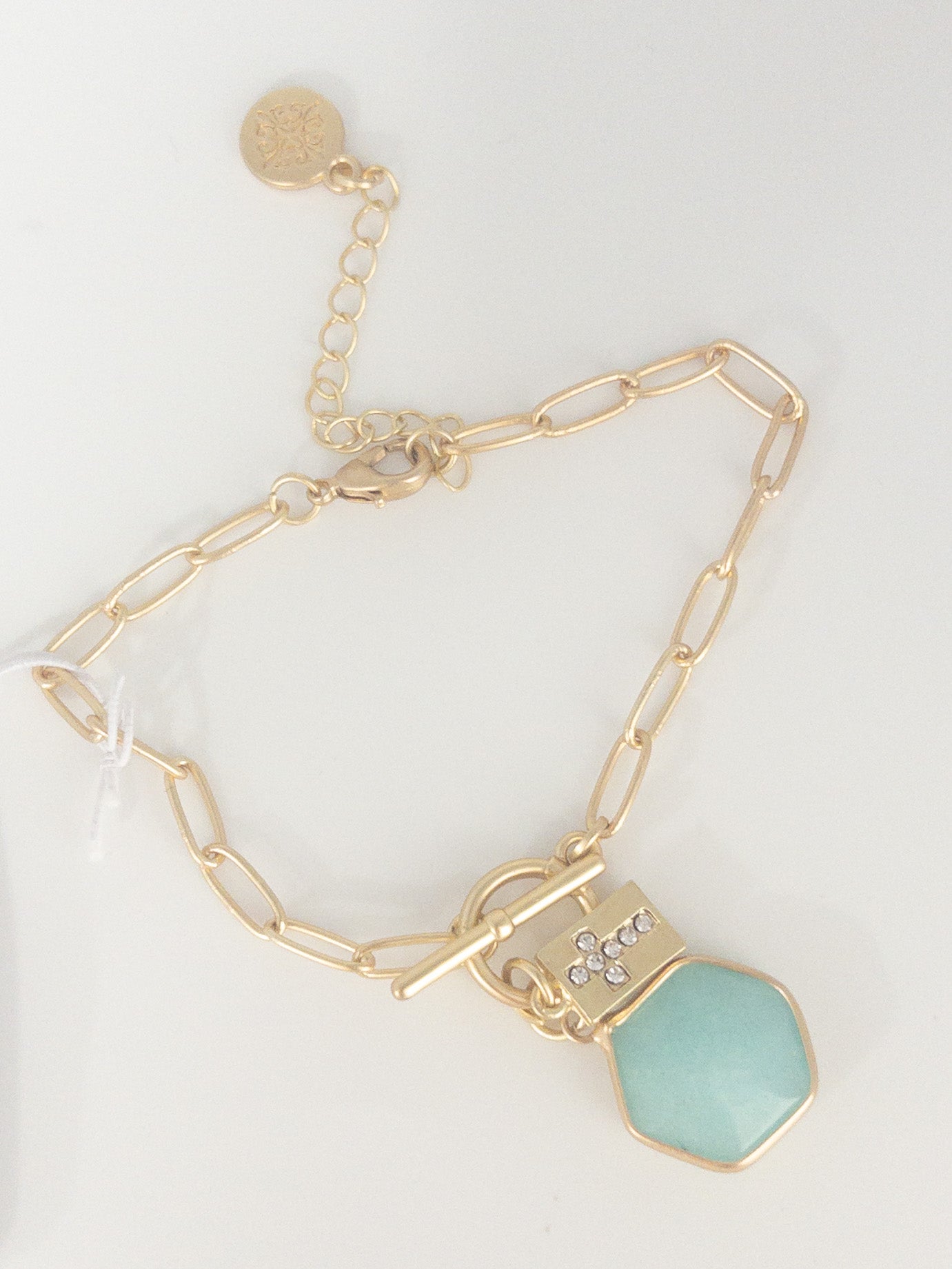 GOLD TOGGLE, AMAZONITE STONE, GOLD RECTANGLE WITH CRYSTAL CROSS BRACELET JANE MARIE