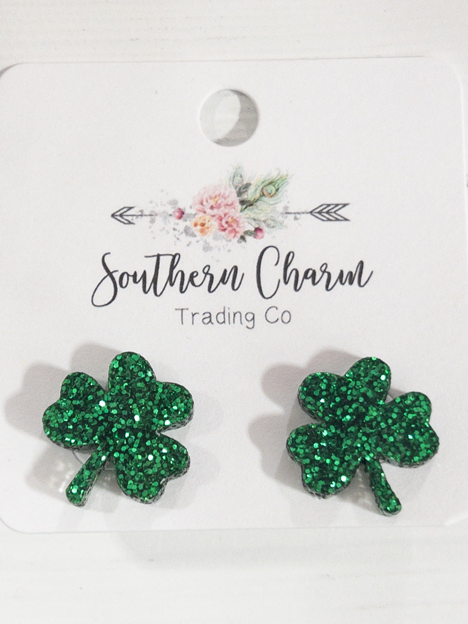 SOUTHERN CHARM ST PATRICKS CLOVER STUD DARK GREEN GLITTER