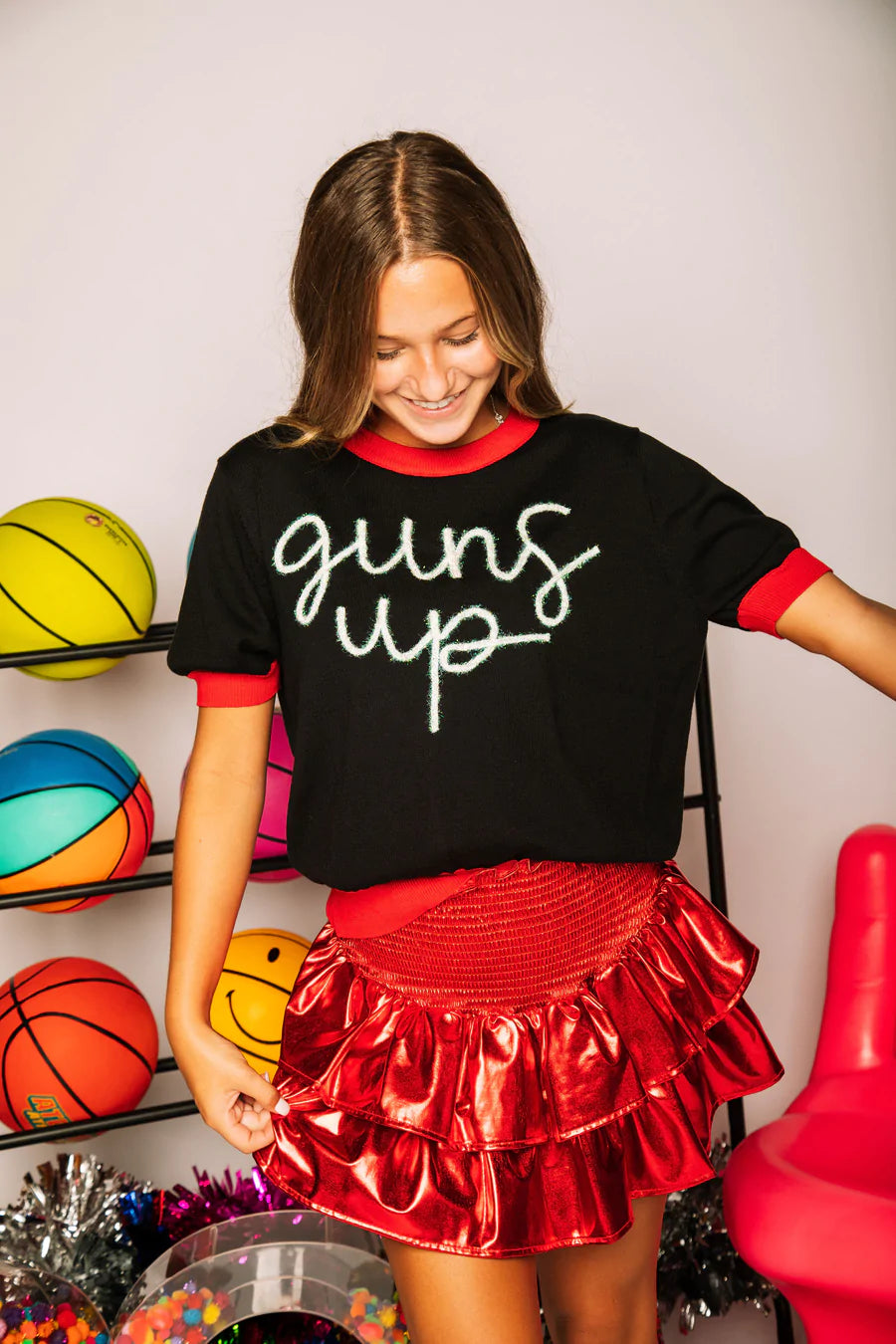 GUNS UP GLITTER SCRIPT SWEATER