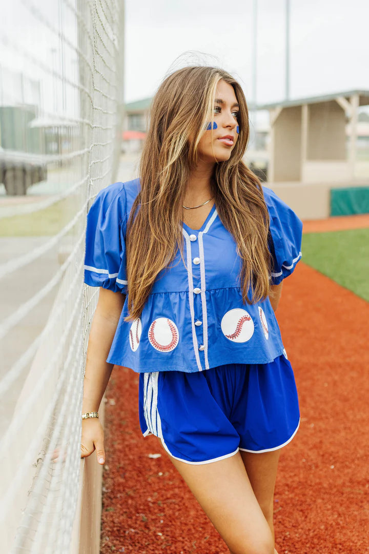 QUEEN OF SPARKLES ROYAL BLUE PEPLUM BASEBALL TOP