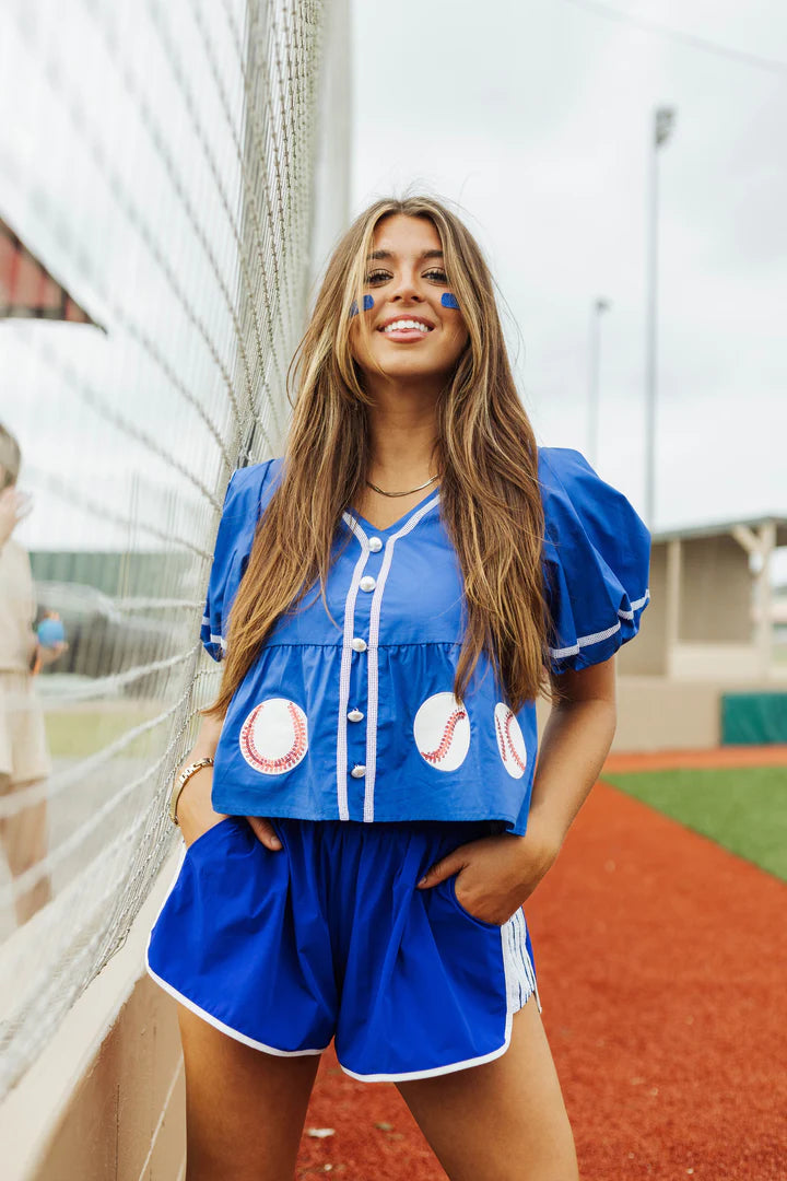 QUEEN OF SPARKLES ROYAL BLUE PEPLUM BASEBALL TOP