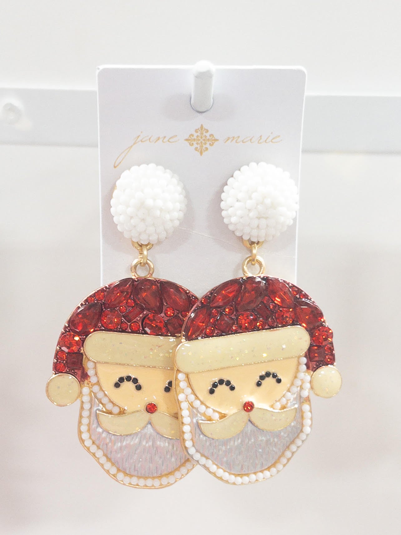 WHITE BEADED POST RED SANTA HAT JANE MARIE